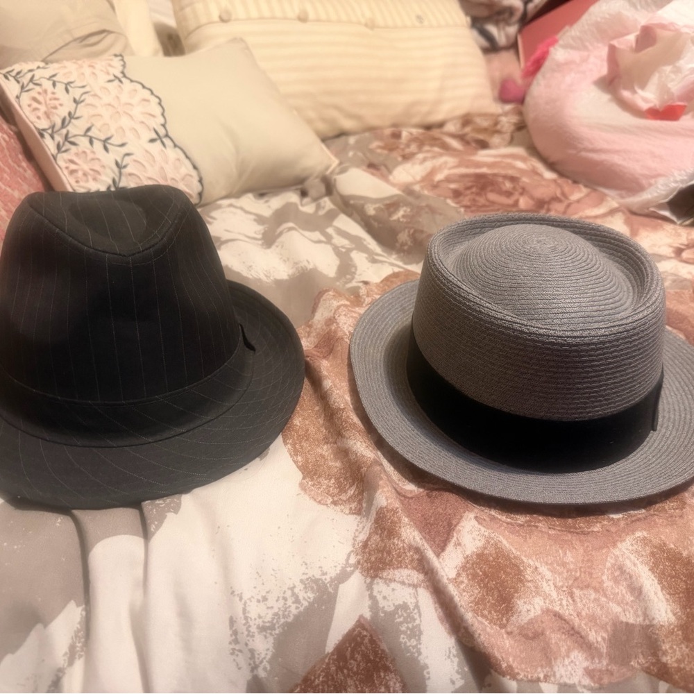Two Stylish Fedora Hats - Black Pinstripe & Light Gray